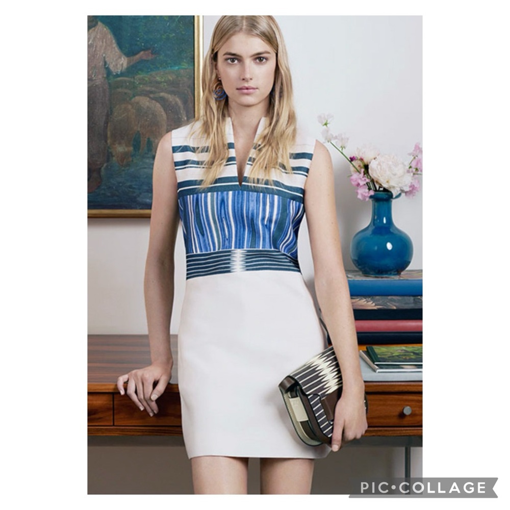 EUC Tory Burch Indigo Plaited Mixed Pattern Striped Silk Cotton Mikado Dress